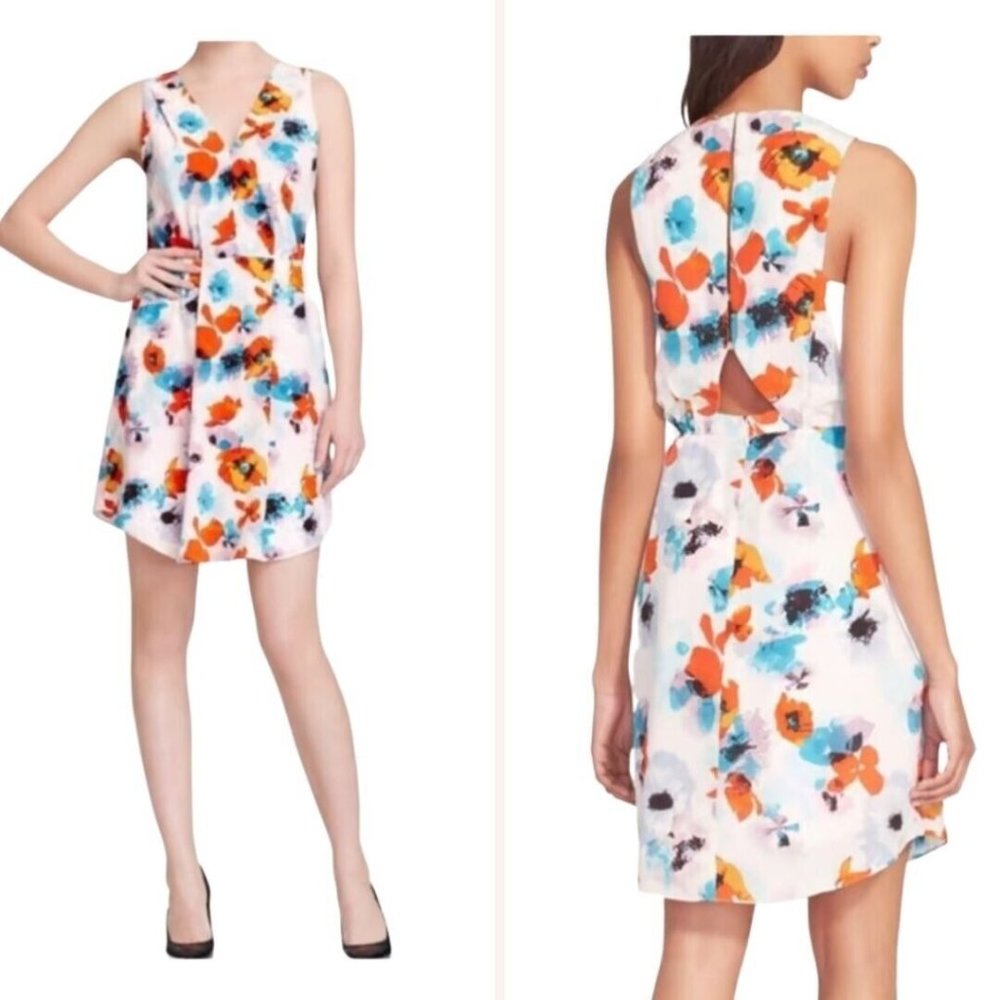 Rebecca Taylor 100% Silk Floral Watercolor Dress Womens sz 2 Plunge Neck Cutout - Picture 2 of 11